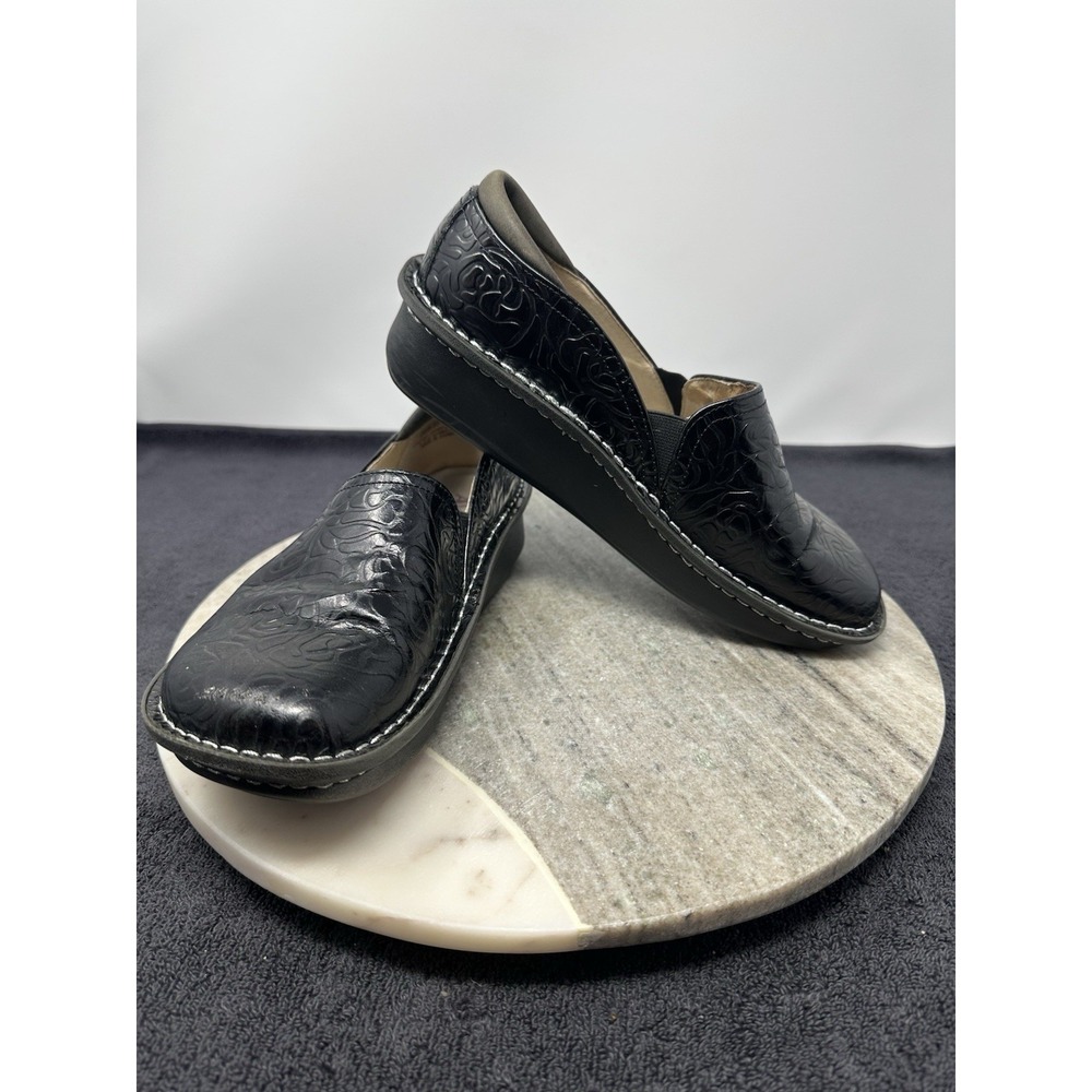 Alegria Black Embossed Leather Slip-On Clogs